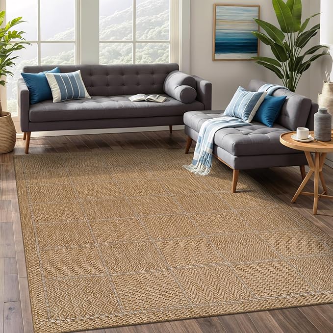 Beverly Rug Easy Jute Checkered Squared Rug 5x7 Washable Durable Indoor Outdoor Area Rugs for Living Dining Room Patio Office Stain Resistant Non Shedding Casual Indoor Outside Carpet 5 x 7 Natural