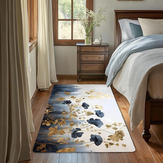Blue Gray Flower Area Rug for Living Room, Non-Slip Backing Low Pile Modern Abstract Rug for Indoor Use, 3x5 Washable Carpet