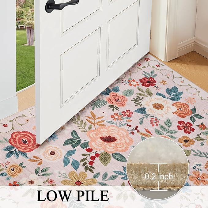 DUKINO 9x12 Area Rug, Floral Rugs for Living Room, Lightweight Non Slip Washable Rug, Indoor Low Pile & Non-Shedding Boho Design Rugs for Bedroom, Living Room, Dining Room, Beige