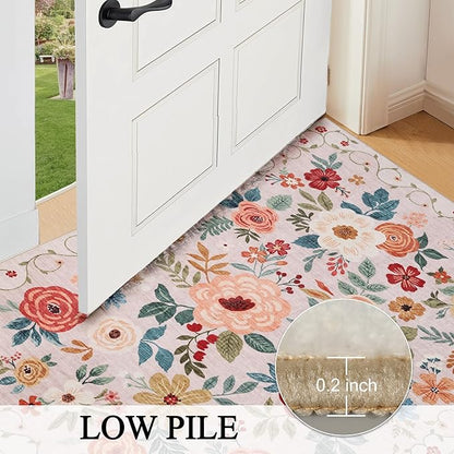 DUKINO 3x4 Area Rug, Lightweight Non Slip Washable Floral Rug, Indoor Low Pile & Non-Shedding Boho Design Carpets for Bedroom, Kitchen, Dining Room, Beige