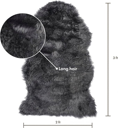 Sheepskin Long Hair 2x3 ft | Bedside Rugs for bedrooms, Sofa, Chair or The Dining Table | Each Sheepskin Rug is Unique and Created by Nature | Small Fluffy Rug in Color Dark Grey