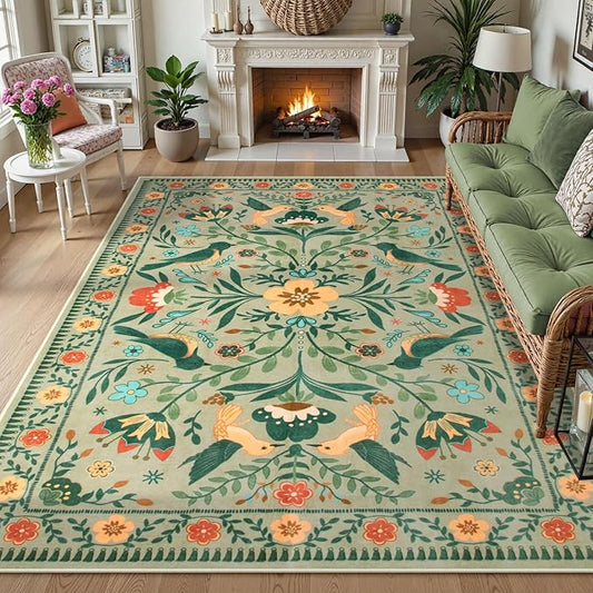 Moynesa Green Washable 8x10 Area Rugs for Living Room Bedroom Dining Room, Modern Farmhouse Country Floral Bird Print Pattern Medallion Carpet, Aesthetic Home Decorations Open Floor Areas Protection