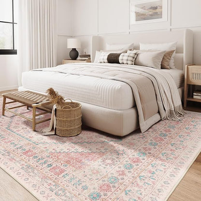 zesthome 9x12 Area Rugs for Girls Bedroom, Low Pile Machine Washable Rugs, Vintage Large Pink Rugs, Stain Resistant Nursery Room Rug, Baby Crawling Rug (Pink/Blue,9'x12')