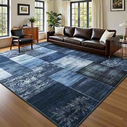 DweIke Large Modern Washable Area Rugs 8x10, Living Room Rug Non-Slip and Non-Shedding Large Rugs for Bedroom, Low Pile Indoor Rubber Backed Carpets for Dining Office Home Decor, Navy Blue