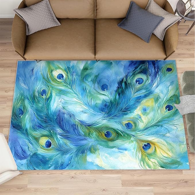 Peacock Feather Rug 5x7-5x7 Rug, Teal Turquoise Area Rugs for Bedroom, Malachite Green Feather Rugs for Living Room, Peafowl Washable Mat, Peacock Feather Carpet - Peafowl Home Decor & Gifts
