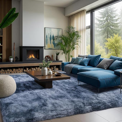 Zentavio Area Rugs for Living Room Large Rugs for Bedroom 8x10 Carpet Fluffy Fuzzy Soft Shag Aesthetic Plush High Pile Gray Throw Rug for Nursery Kids Room Dorm Tie-Dyed Blue Grey