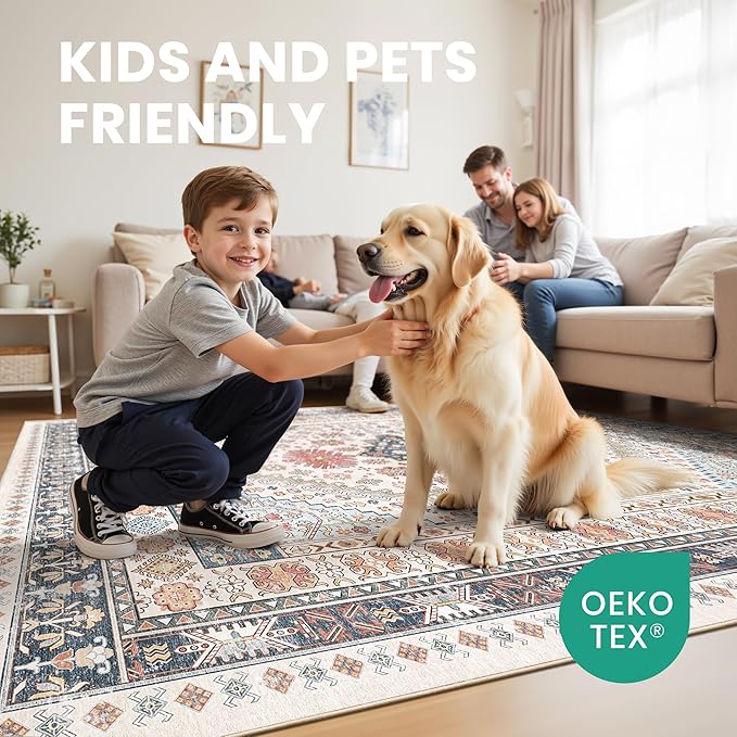 zesthome 9x12 Area Rugs for Living Room,Non-Slip Backing Washable Rugs,Vintage Large Area Rug，Stain Resistant Home Decor Rug (Multi,9'x12')