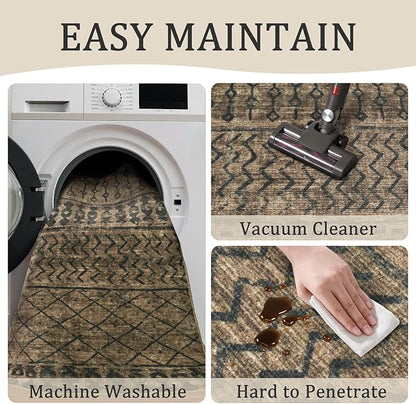 5x7 Machine Washable Area Rug for Living Room, Brown Black Vintage Moroccan Rug Large Non-Slip Low Pile Soft Faux Wool Carpet, Kids and Pets Friendly for Bedroom Dining Room Farmhouse Home Decor Rug