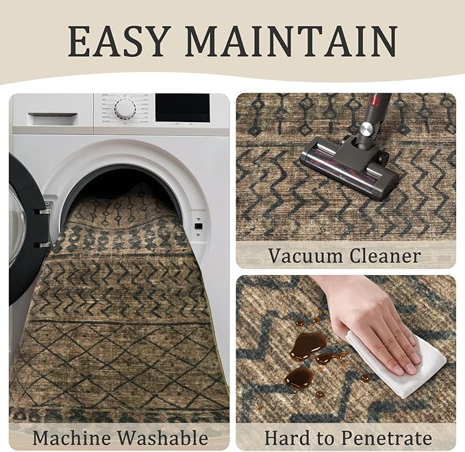2x8 Machine Washable Runner Rug, Kitchen Hallway Area Rug, Brown Black Vintage Moroccan Rug Ultra Non-Slip Low Pile Soft Faux Wool Carpet, Kids and Pets Friendly for Bedroom Entryway Bedside Decor Rug