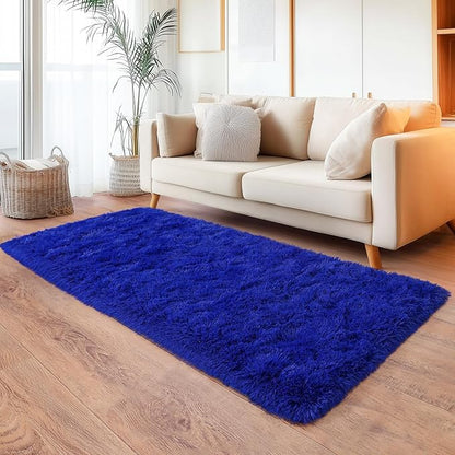 Blue Runner Rug for Hallway, Bedroom Bedside Plush Rugs, Non Slip Fluffy Shaggy Carpet for Kids Home Decor, Dorm Nursery 2x6 Ft