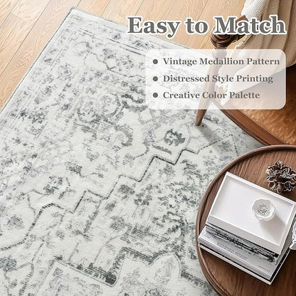 Large Farmhouse Area Rugs 9x12 for Living Room, Distressed Medallion Printed Big Carpet Rugs for Bedroom Under Bed, Washable Non Slip Low Pile Thin Rugs for Dining Room, Off White/Grey