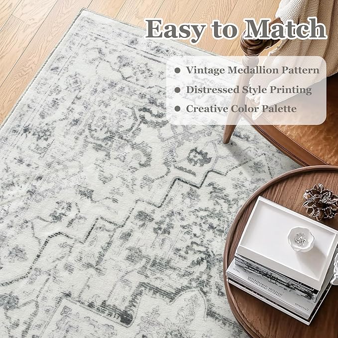 Distressed 2x3 Kitchen Rugs Washable Non Slip, Transitional Farmhouse Door Mat Indoor Entrance Entryway, Small Low Pile Rugs for Bedroom/Bathroom Vanity/Laundry Room, Off White/Light Grey