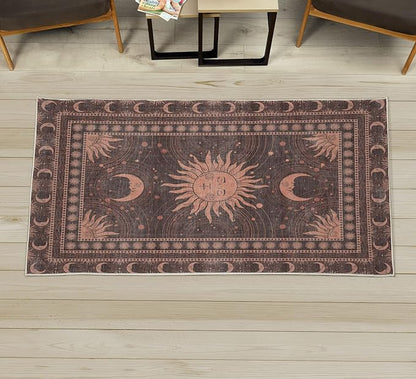 Ambesonne Sun and Moon Decorative Rug, Bohemian Artwork Design of Crescent Solar Ornament Esoteric Stars Ornaments, Quality Carpet for Bedroom Dorm and Living Room, 2' 2" x 3' 7", Pale Rust