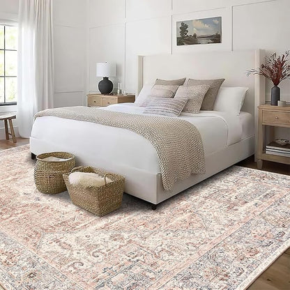 ReaLife Rugs Machine Washable Area Rug - Living Room Bedroom Bathroom Kitchen Entryway Office - Padded Low Pile Stain Resistant Premium - Boho Farmhouse Vintage - Lyle - Gray Ivory Blush 7'6" x 9'6"