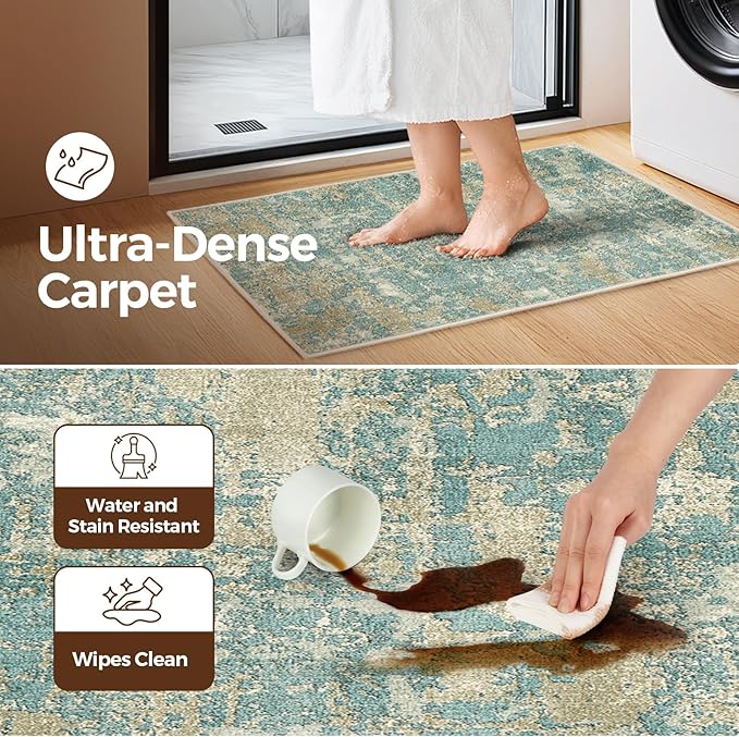 WITSHOCK Washable 2x3 Entryway Area Rug: Kitchen Rugs Runner Abstract Soft Floor Mat Non-Slip Stain Resistant Indoor Carpet for Bathroom Living Room,Teal Brown