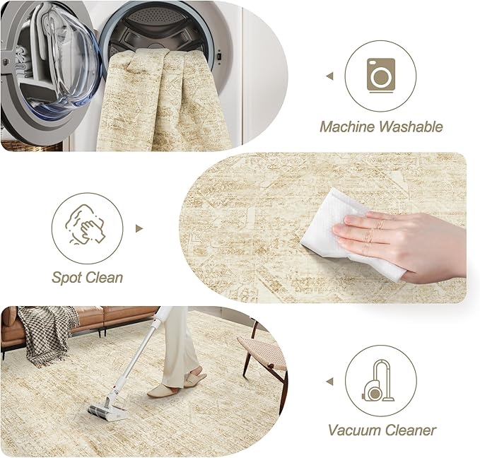 Washable Area Rug 8x10, Large Soft Rugs for Living Room Vintage Beige 8x10 Area Rugs for Bedroom Dining Room Floral Non-Slip Thin Rug