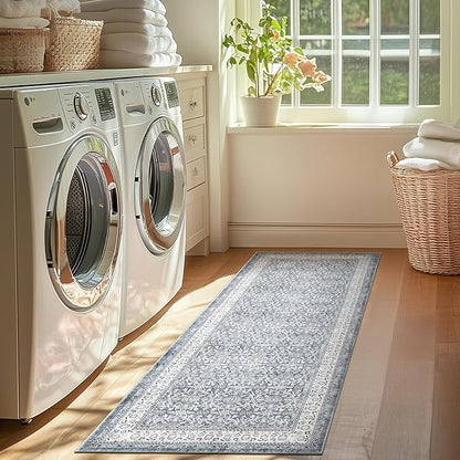 jinchan Floral Runner Rug 2x5 - Machine Washable Grey Vintage Distressed Design Soft Non-Slip Low-Pile Ultra-Thin Runner Rug for Kitchen Hallway Laundry Room Entryway Farmhouse (2‘x5', Grey)