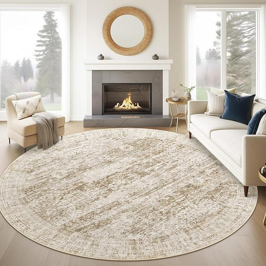 8x8 Brown Round Rug 8ft Living Room Circle Rug Vintage Round Area Rug Non Slip Indoor Carpet for Apartment