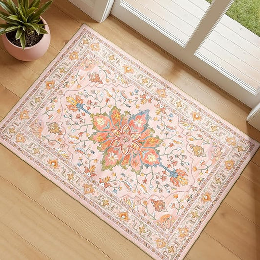 Area Rugs 2'x3' Washable Non-Slip, Floral Vintage Distress Print Pattern Medallion Carpet for Living Room Bedroom Dining Room, Light Pink Colorful