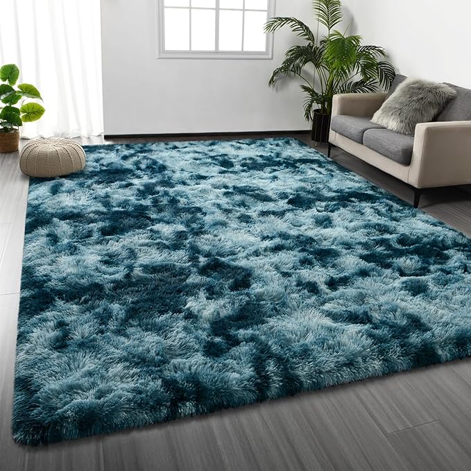 Large Shag Area Rugs 5 x 8, Tie-Dyed Plush Fuzzy Rugs for Living Room, Ultra Soft Fluffy Furry Rug for Bedroom, Indoor Carpet Nursery Rugs for Kids Room Home Decor, Peacock Blue