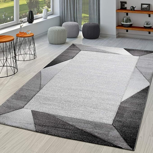 Paco Home Modern Area Rug Bordered with Geometric Pattern Grey Anthracite with Contour Cut, Size: 2' x 3'7"