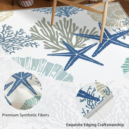 Tritard Coastal Area Rug 3x5 - Small Machine Washable Foldable Throw Rugs Non-Slip Beach Ocean Entryway Indoor Entrance Carpet for Kitchen Bathroom Laundry Bedroom Living Room, Blue