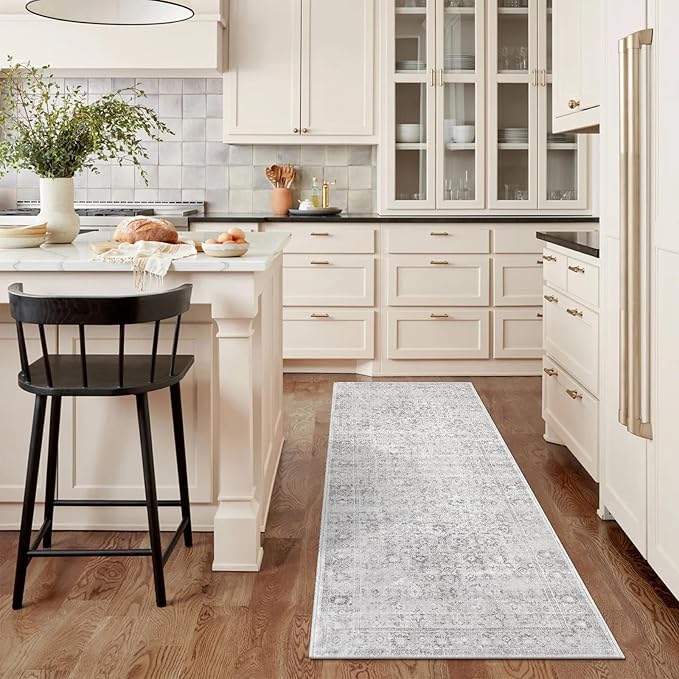 LIVEBOX 2x6 Washable Runner Rug - Kitchen Rug Runner Entryway Rugs, Low-Pile Vintage Grey Rugs for Bedroom, Non-Skid Soft Carpet for Bathroom Hallway