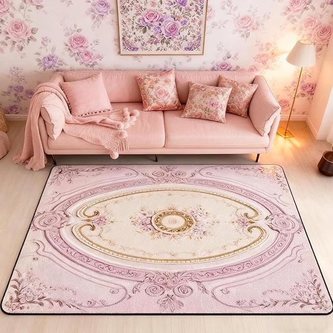 Light Pink 3 x 5 Area Rug Antique Decor Boho Floral Rugs for Living Room | Bohemian Flowers Washable Rug, Minimalist Damask Victorian Carpet Indoor Floor Mat