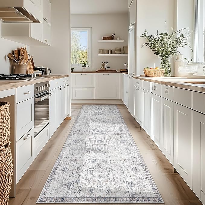 jinchan Kalen Runner Rug 3x10 Washable Hallway Rug Vintage Indoor Thin Retro Floor Cover Distressed Gray Floral Country Lightweight Non Slip Carpet for Entryway Bathroom Bedroom Living Room Grey