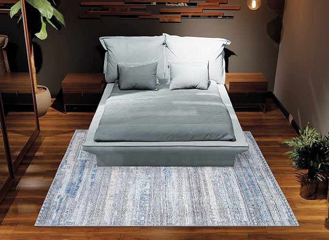 Bloom Rugs Washable Non-Slip 4' x 6' Rug - Gray/Blue/Blush Modern Abstract Area Rug for Living Room, Bedroom, Dining Room, and Kitchen - Exact Size: 4' x 6'