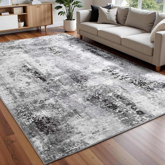 Washable Abstract Rug, 5x7 Modern Area Rugs with Non-Slip Rubber Backed for Living Room, Thin but Soft Contemporary Carpet Kitchen Bedroom Dining Room Decor, Dark Grey