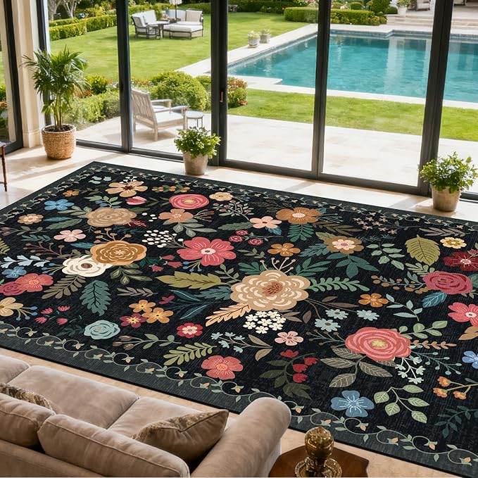 Extra Large 10x14 Area Rug for Living Room, Washable Rugs for Dining Room, Bedroom, Non Slip Stain Resistant Carpet, Low Pile Vintage Floral Rug (Black)