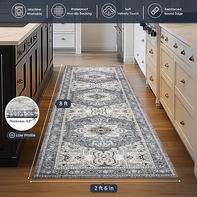 PURRUGS Vintage Farmhouse Boho Runner Rug 2'6" x 8', Non-Slip Machine Washable Rug, Accent Area Rug for Kitchen, Hallway, Entryway, Bedroom, Living Room and Dining Room, Periwinkle Gray/Soft Ivory