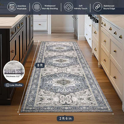 PURRUGS Vintage Farmhouse Boho Runner Rug 2'6" x 8', Non-Slip Machine Washable Rug, Accent Area Rug for Kitchen, Hallway, Entryway, Bedroom, Living Room and Dining Room, Periwinkle Gray/Soft Ivory