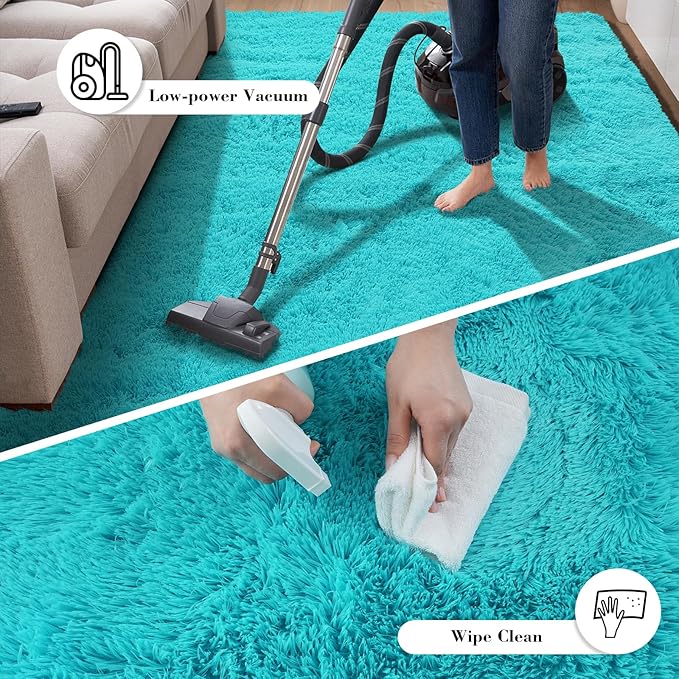 Teal Blue Rug Fluffy Rugs, 3x5 Teal Area Rugs for Bedroom, Soft Cute Baby Play Mat, Indoor Floor Carpet for Teen, Nursery, Preppy Dorm, Plush Aesthetic Bedside Rug