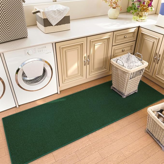 Runner Rug with Non Slip Rubber Backing, Washable Soft Floor Carpet for Kitchen, Hallway, Entryway Indoor, Bedroom, Laundry, Low Pile Area Rugs, Solid Color with Pointillism Style (Green, 2' * 10')
