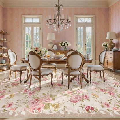 Lahome Floral Washable Rugs 9x12, Large Area Rugs 9x12 Living Room,Soft Non-Slip Thin Vintage Boho Bedroom Carpet for Dining Room Playroom Nursery Farmhouse, Beige/Pink/Multi