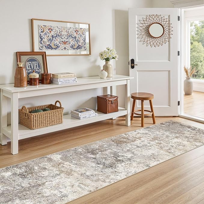 2X10 Washable Runner Rug for Hallway: Soft Neutral Modern Abstract Area Rug - Non-Slip Low Pile Long Throw Indoor Carpet for Kitchen Entryway Kitchen Bedroom Laundry - Brown Grey