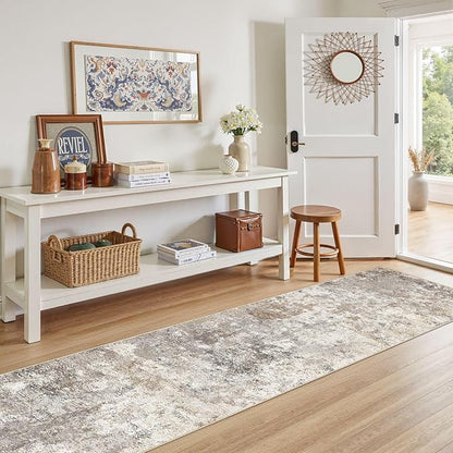 2X8 Washable Runner Rug for Hallway: Soft Neutral Modern Abstract Area Rug - Non-Slip Low Pile Long Throw Indoor Carpet for Kitchen Entryway Kitchen Bedroom Laundry- Brown Grey