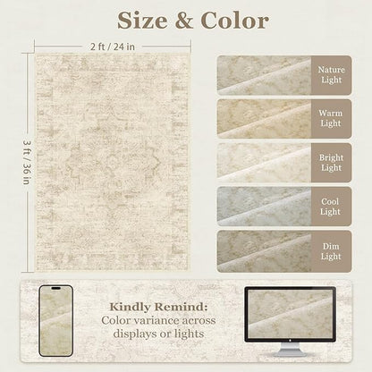 Distressed Beige Kitchen 2x3 Rugs Non Slip Washable, Natural Farmhouse Vintage Medallion Pinted Door Mat Indoor Entrance Entryway, Small Low Pile Rugs for Bathroom Vanity/Laundry Room/Bedroom