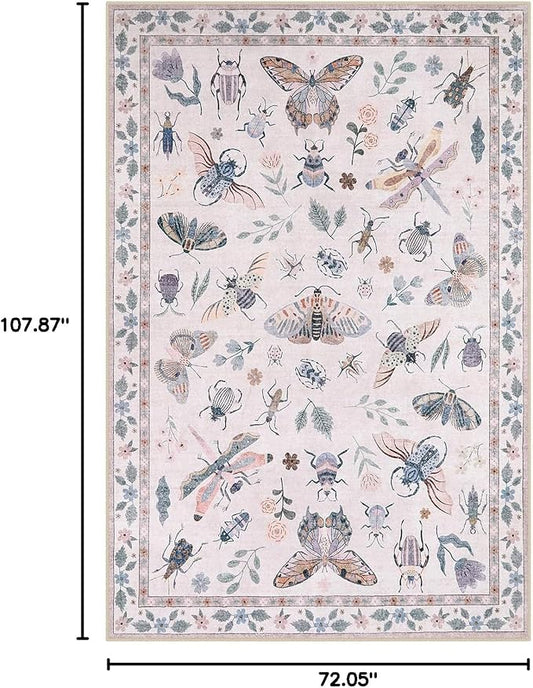 Lahome Insect Print Washable Rugs for Living Room, Soft 6x9 Pink Rug for Bedroom Ultra-Thin Non Slip, Stain Resistant Modern Easy Clean Large Carpet for Dining Room Nursery Classroom(6'x9',Pink)