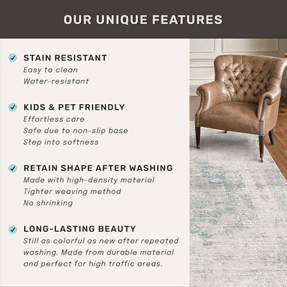 Farmhouse Dining Room Rugs for Under Table - 8x10 Washable Light Blue Area Rug for Living Room, Bedroom, Waterproof & Stain Resistance