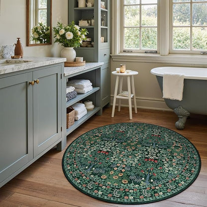 6' Round Area Rug - Floral Vintage Forest Washable Low Pile Non-Slip Carpet for Living Room, Bedroom, Dining Room, Office (Dark Green)