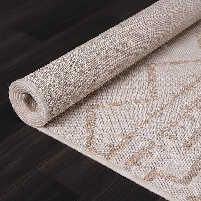Beverly Rug Waikiki Indoor Outdoor Rug 6x9, Washable Outside Carpet for Patio, Deck, Porch, Trellis Area Rug, Water Resistant, Beige - White