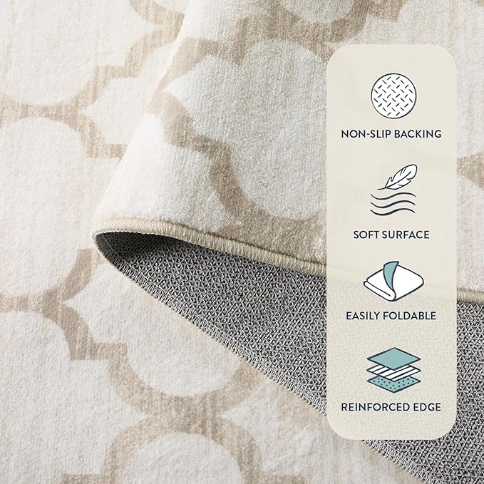 Lahome Moroccan Round Rugs - 4x4 Washable Non-Slip Small Round Area Rug Throw Soft Circle Rugs for Bedroom, Modern Print Indoor Round Carpet for Entryway Sofa Nursery Living Room (Beige, 4Ft-Round)
