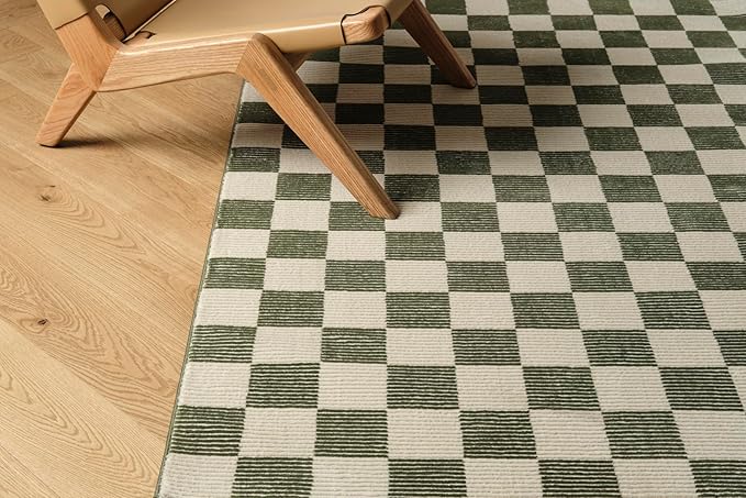 Revival Rugs Gambit 7'10"x10' Checkered Rug Washable Area Rug for Living Room Bedroom - 100% Recycled Oeko-TEX Certified, Medium Pile, Green, Beige