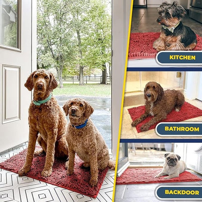 Muddy Mat® AS-SEEN-ON-TV Highly Absorbent Microfiber Door Mat and Pet Rug, Non Slip Thick Washable Area and Bath Mat Soft Chenille for Kitchen Bathroom Bedroom Indoor and Outdoor - Red 24" x 120"