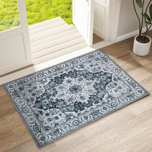 WILLSUN Washable Area Rugs, 2x3 Non-Slip Boho Small Area Rugs for Entryway, Kitchen, Bathroom, Machine Washable Vintage Rug, Indoor Floral Print Carpet for Home Decor, Kid & Pet Friendly Mat