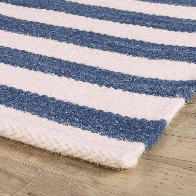 Home Conservatory Ladder Stripe Navy/Ivory Handwoven Wool 8 X 10 Feet, Blue/Ivory Stripe Pattern