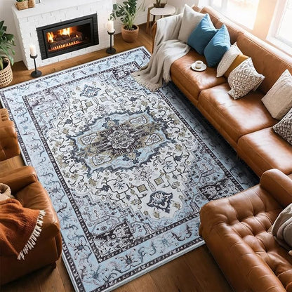 8x10 Large Area Rugs for Living Room, Washable Vintage Rugs-Low Pile Carpet, Non-Slip Soft Distressed Printed Patterns Rugs for Bedroom, Dining Room, Blue